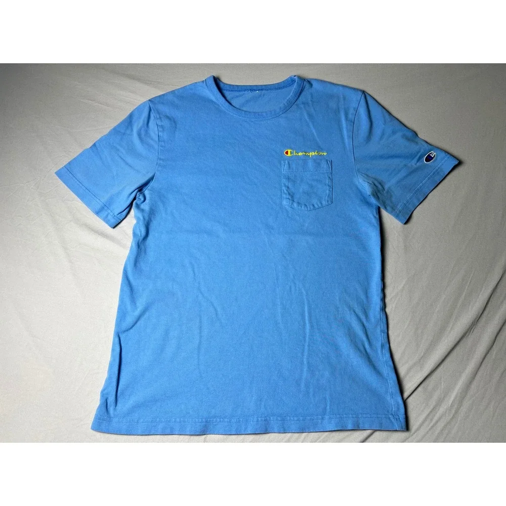 Champion Mens Pocket T-Shirt Blue Embroidered Script Logo Short Sleeve Tee